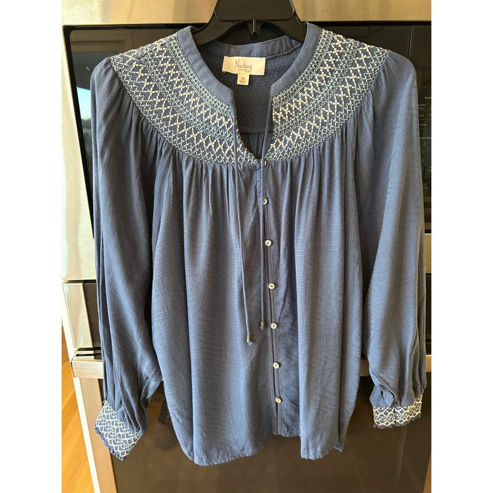 Boho babydoll peasant tunic top embroidered yoke and sleeve detail plus Sz 2X